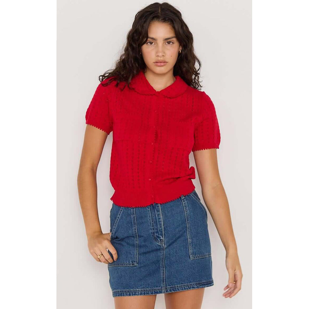 Top Lila Pointelle Knit Tee - Red