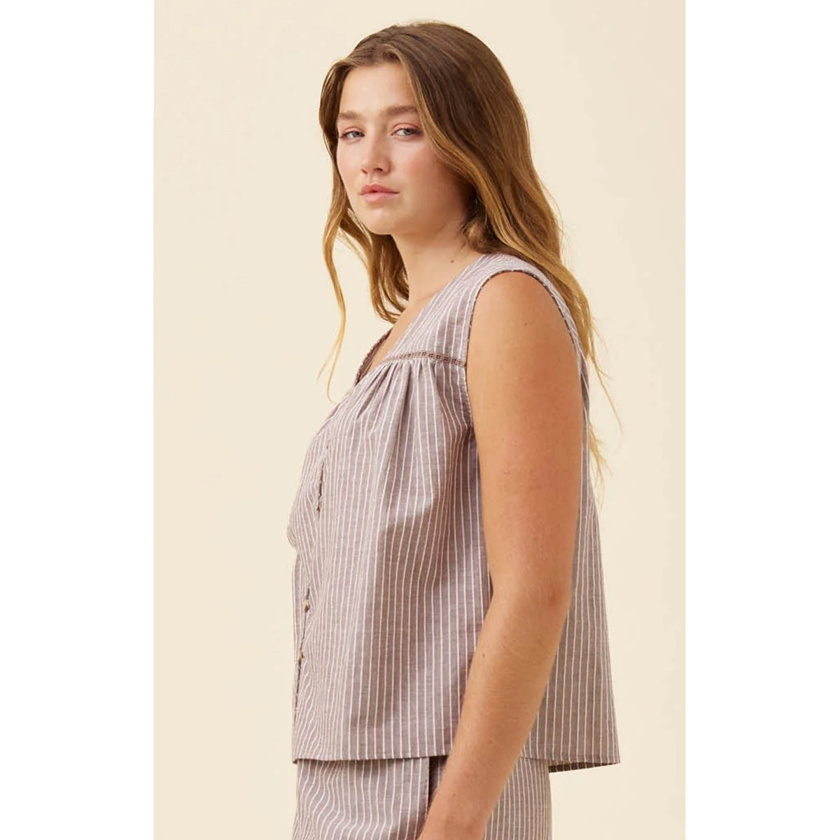 Top Lyndell Button Tank - Taupe