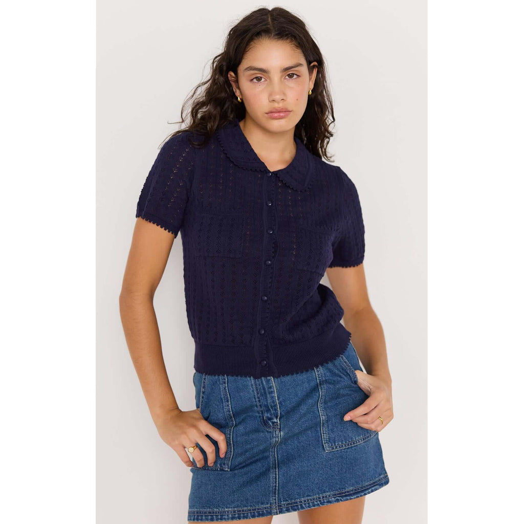 Top Lila Pointelle Knit Tee - Navy
