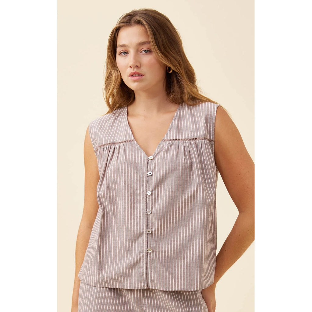 Top Lyndell Button Tank - Taupe