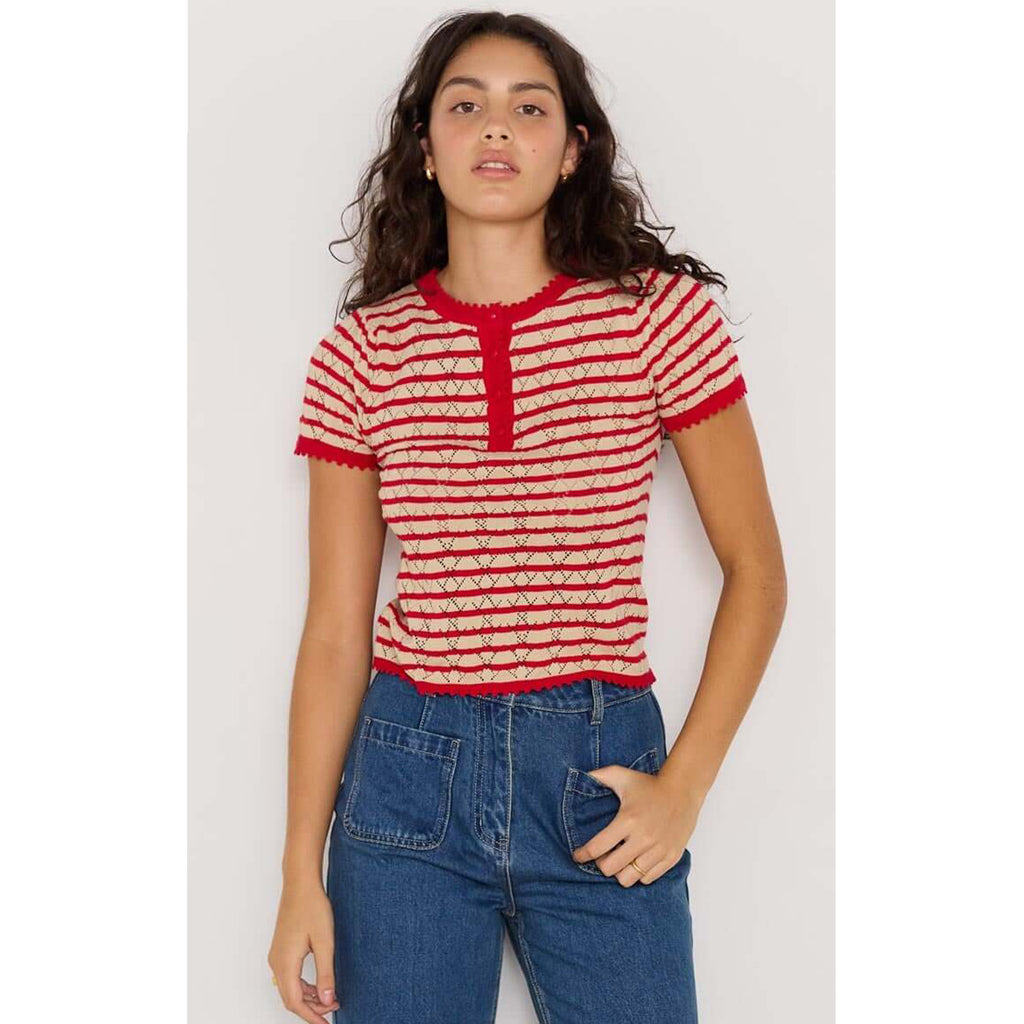 Top Chloe Stripe Knit Tee - Red & Beige