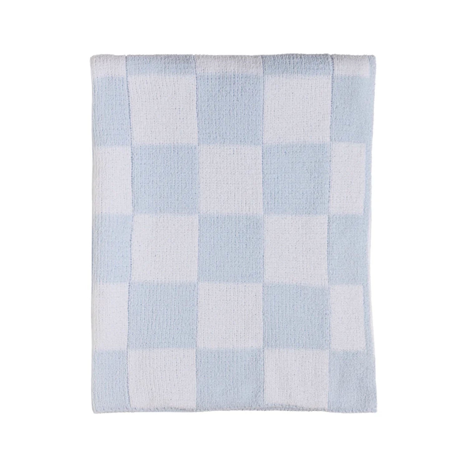 Chenille Knitted Blanket - Checkered Blue