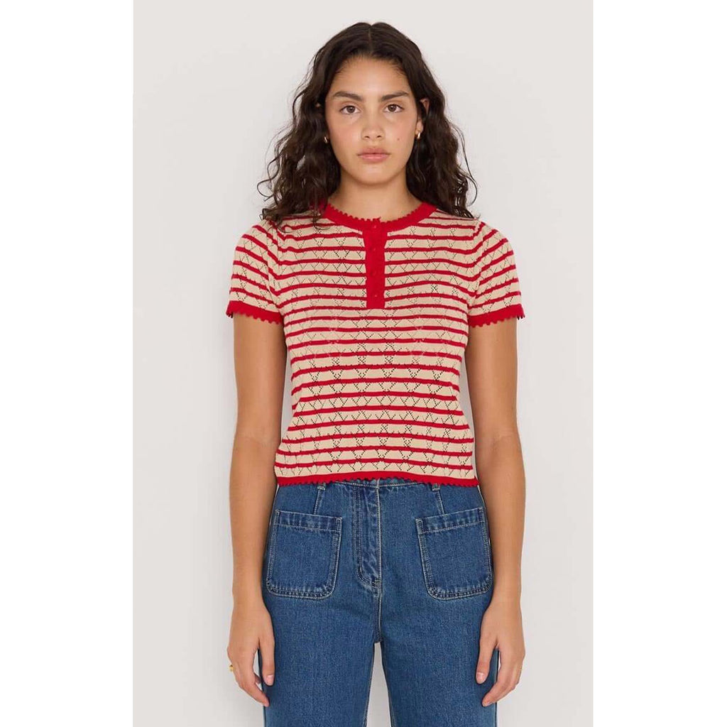 Top Chloe Stripe Knit Tee - Red & Beige