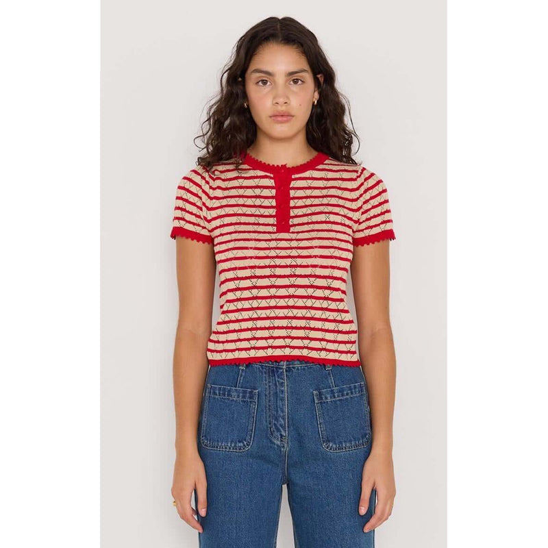 Top Chloe Stripe Knit Tee - Red & Beige