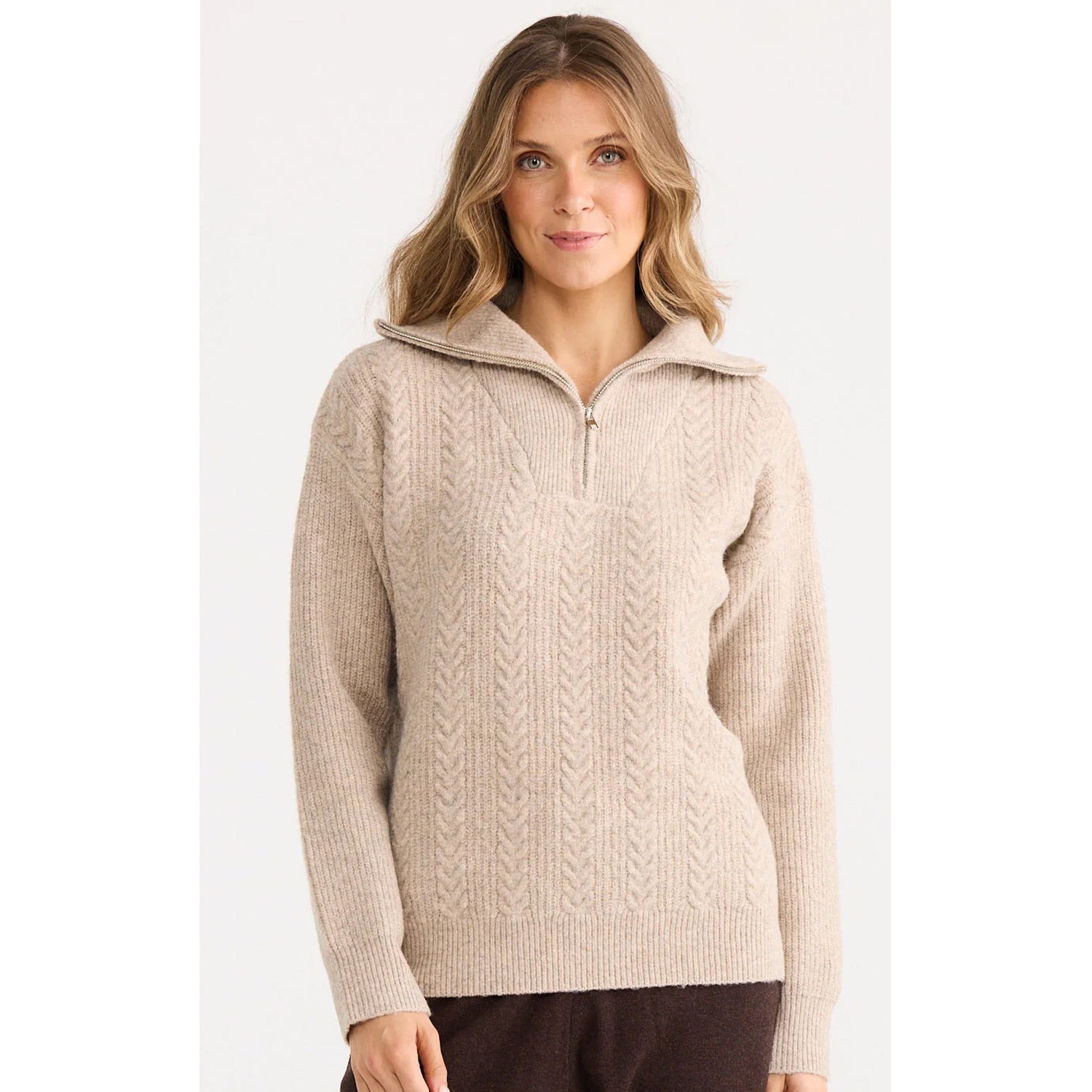 Knit Quarter Zip Cable - Cream