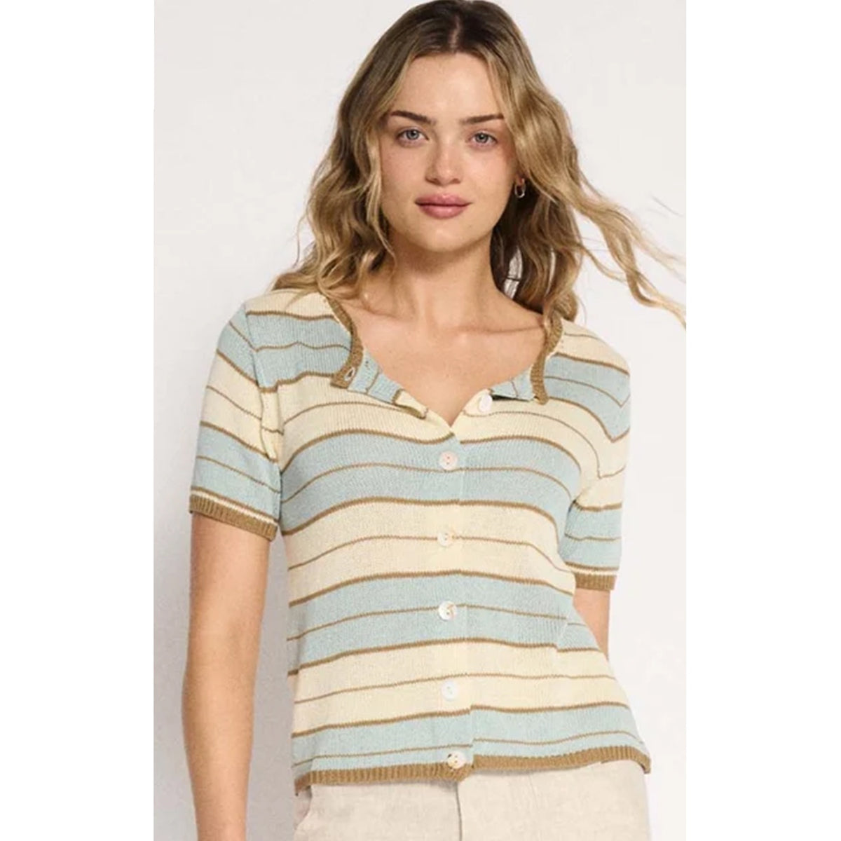 Top Button Solene Stripe  - Dusty Aqua Stripe