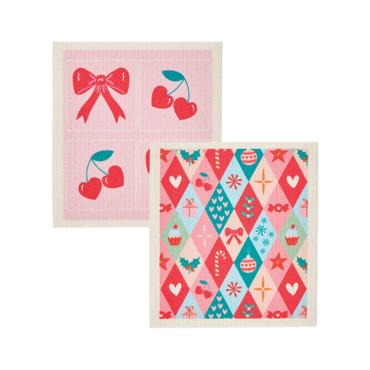 Xmas Dish Cloth Swedish - Christmas Harlequin Bows & Cherries