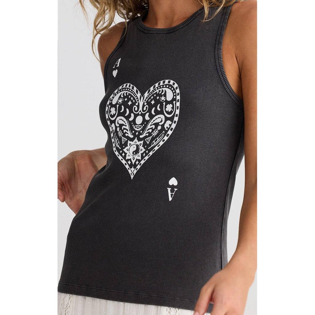 Top Ace Of Hearts Ribbed Tank - Black Wash