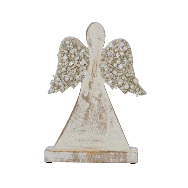 Angel w/ R/Stones Wood & Acrylic 30cm Wh