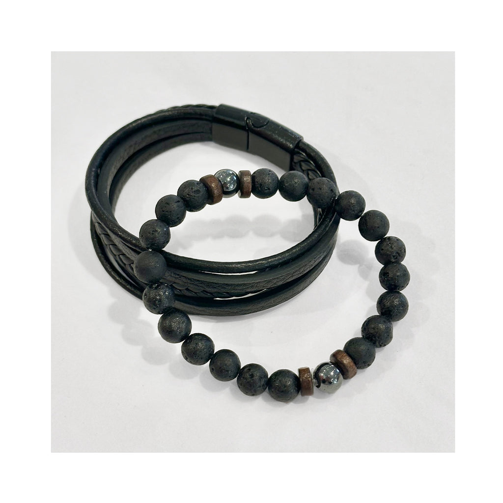Mens Bracelet Set - Black Lava Rock & Leather