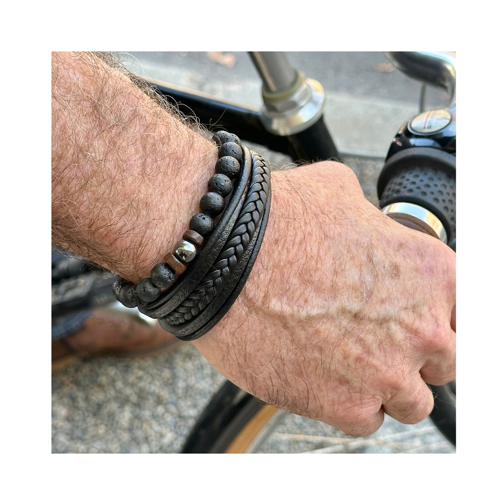 Mens Bracelet Set - Black Lava Rock & Leather