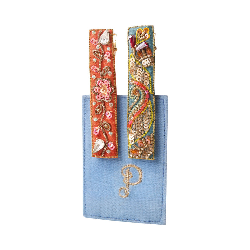 Hair Clips - Tangerine Floral Vines & Teal Festival