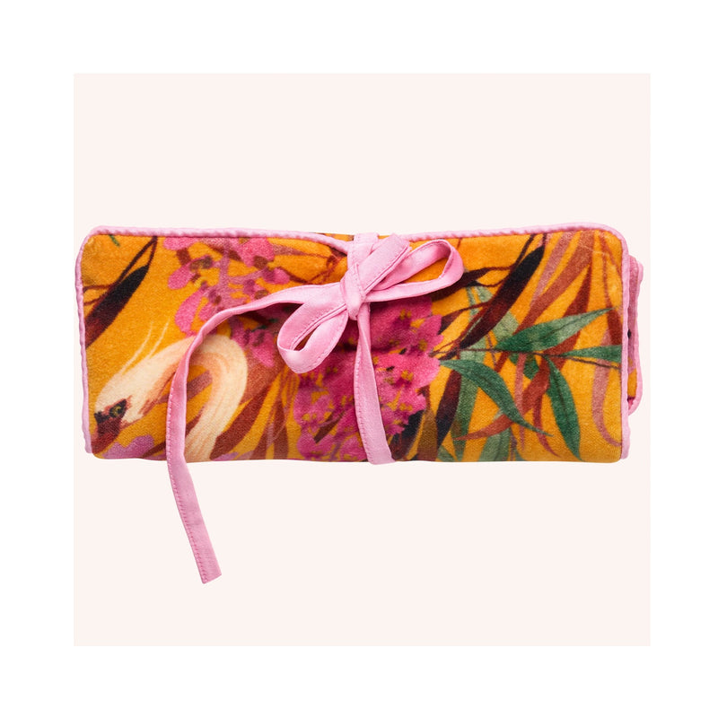 Jewellery Roll Velvet Oriental Crane - Ochre