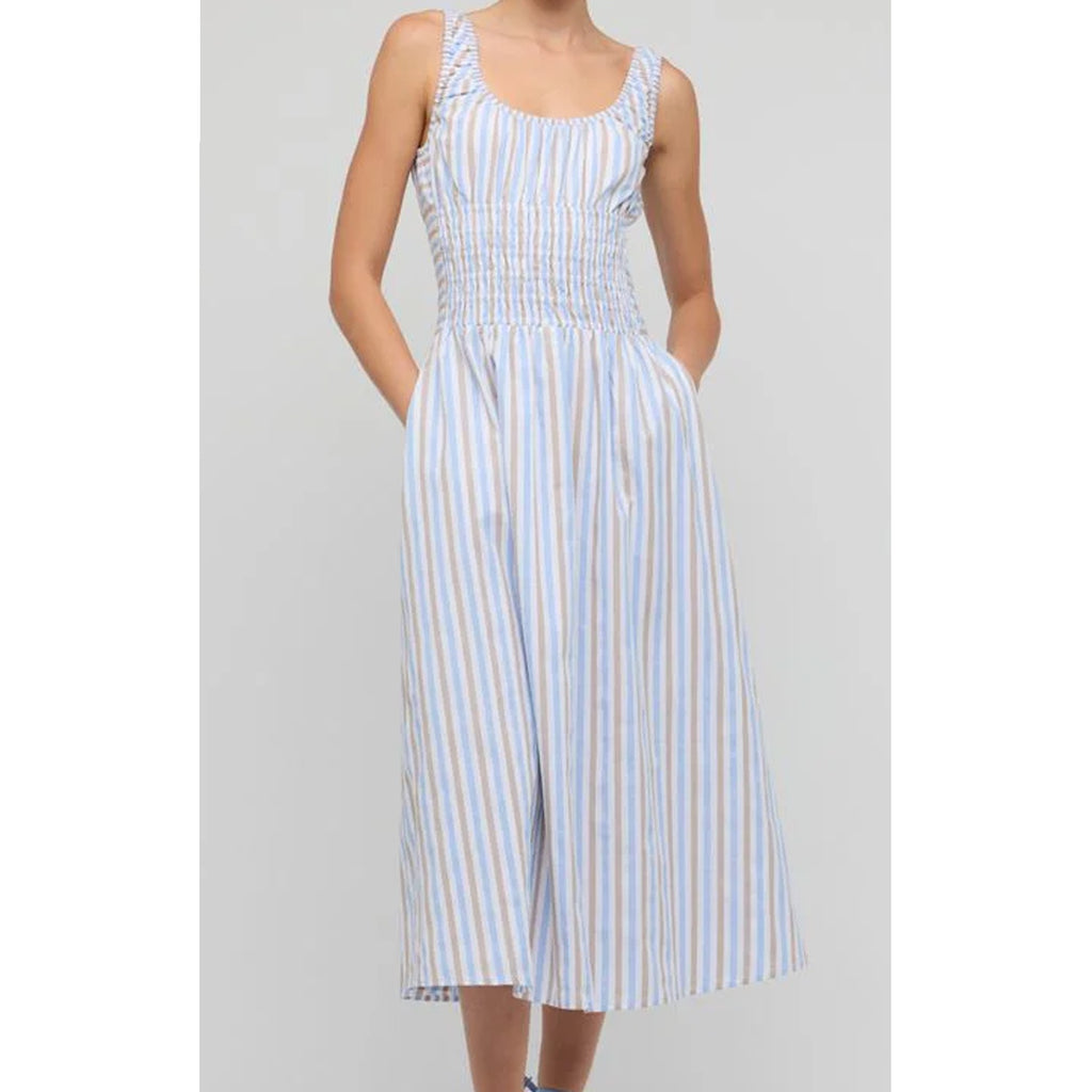Dress Marcella Shirred Midi - Blue & Brown Stripe