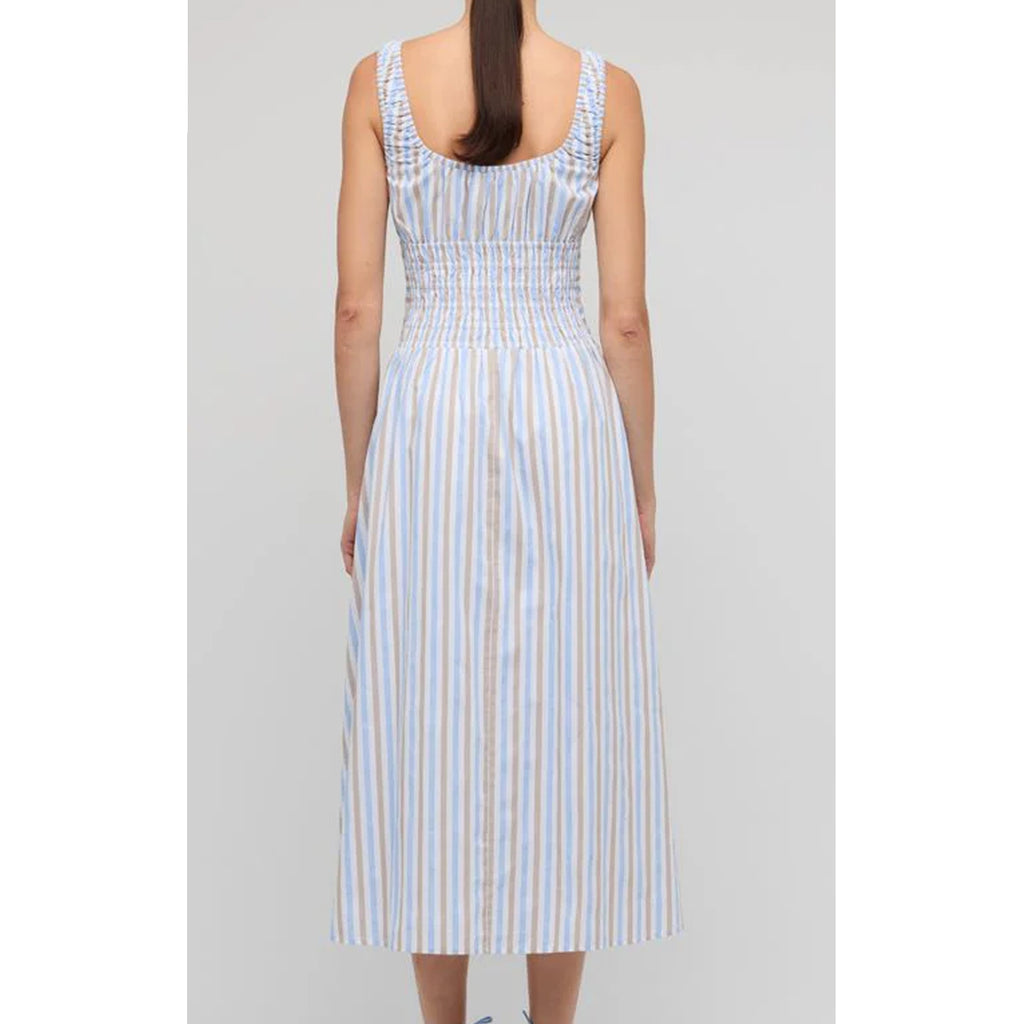 Dress Marcella Shirred Midi - Blue & Brown Stripe