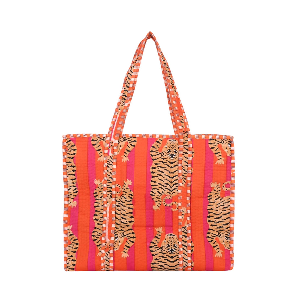 Bag Quilted Cotton Tote Tibetan Tiger - Pink & Orange