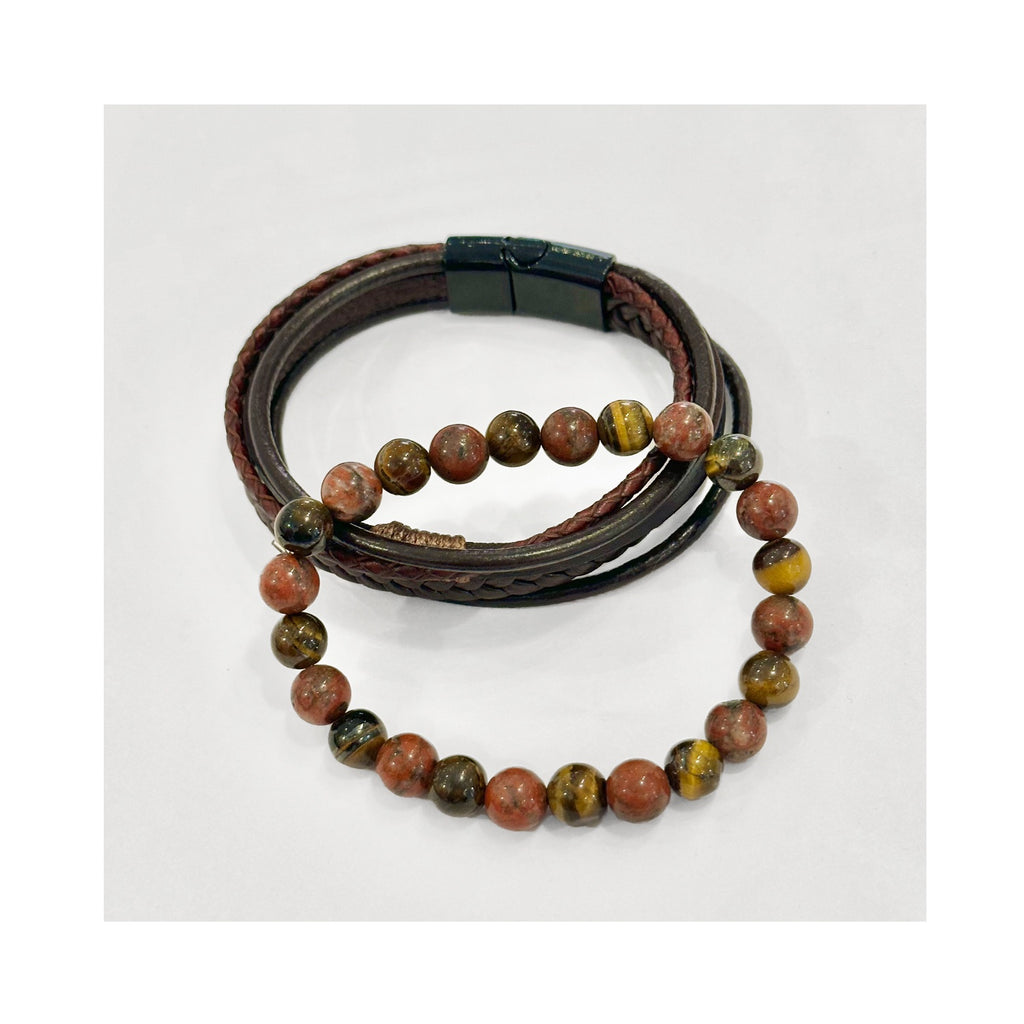 Mens Bracelet Set - Tiger Eye Beads & Leather