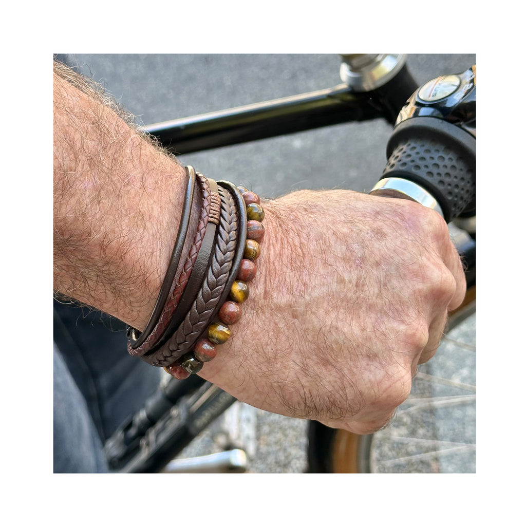 Mens Bracelet Set - Tiger Eye Beads & Leather