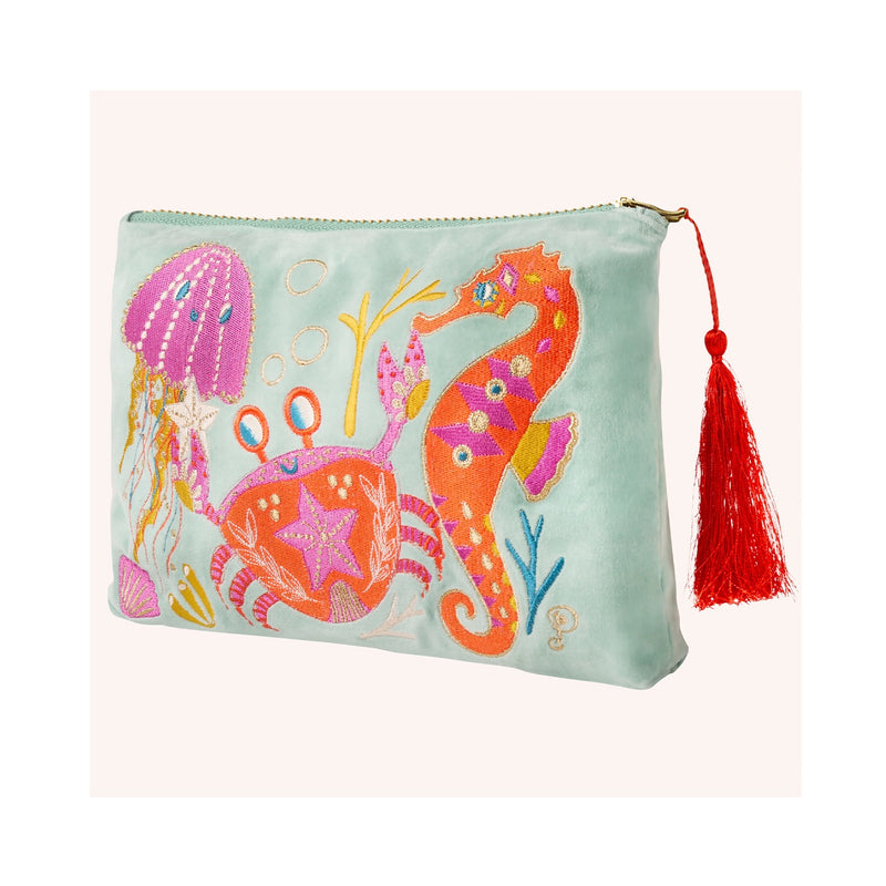 Pouch Velvet Seashore Friends - Aqua