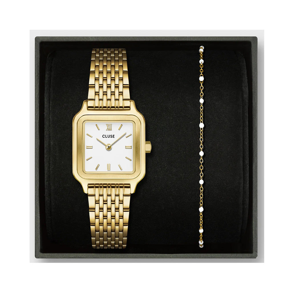 Watch Gift Set - Gracieuse Petite Gold Link & White Epoxy Bracelet