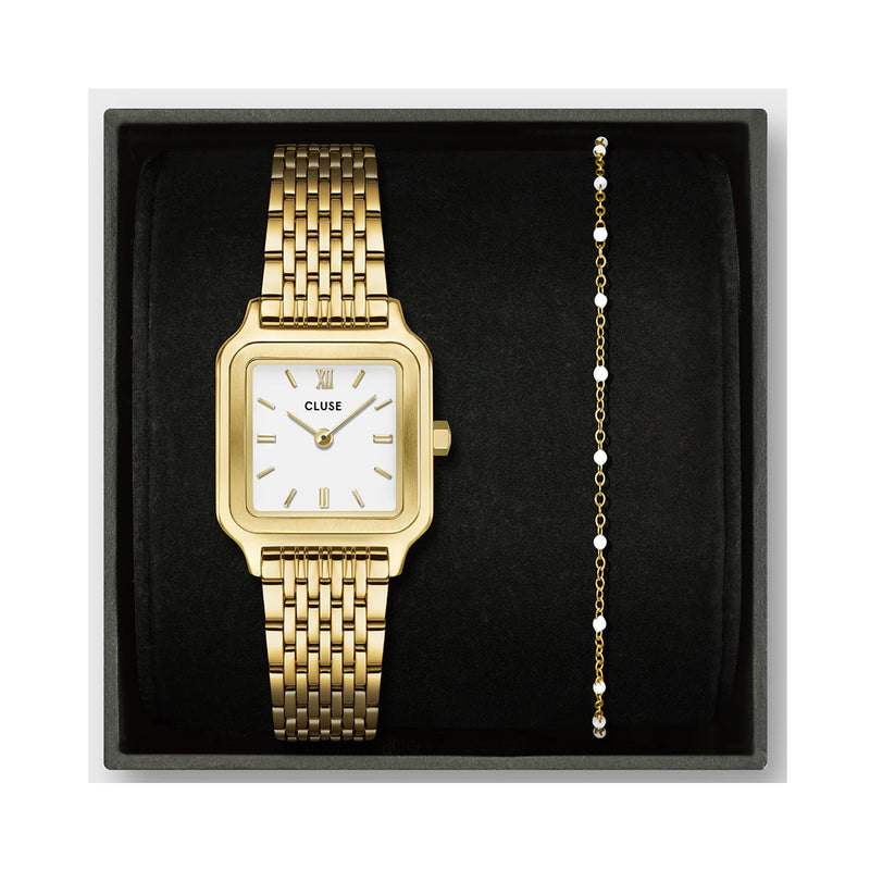 Watch Gift Set - Gracieuse Petite Gold Link & White Epoxy Bracelet