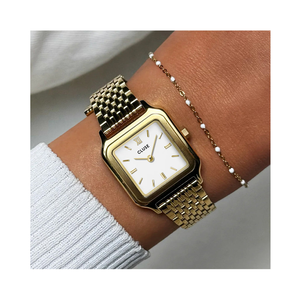 Watch Gift Set - Gracieuse Petite Gold Link & White Epoxy Bracelet