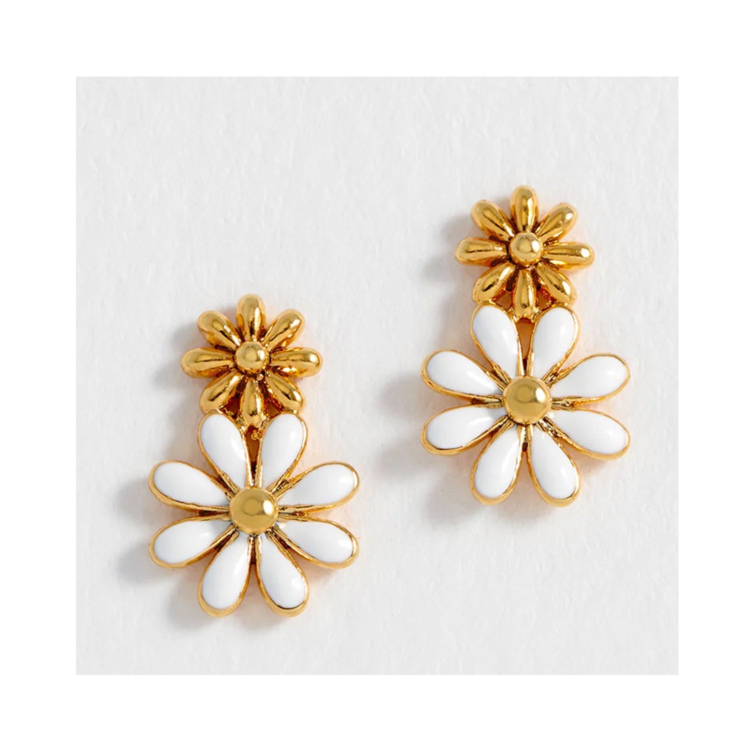 Earrings Double Flower Studs White Enamel
