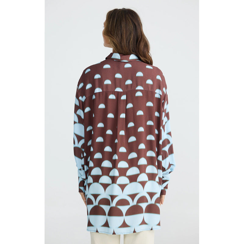 Top Henley Shirt - Blue Brown Geo