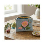 Pouch Protea Embroided Velvet 16x13cm Blue