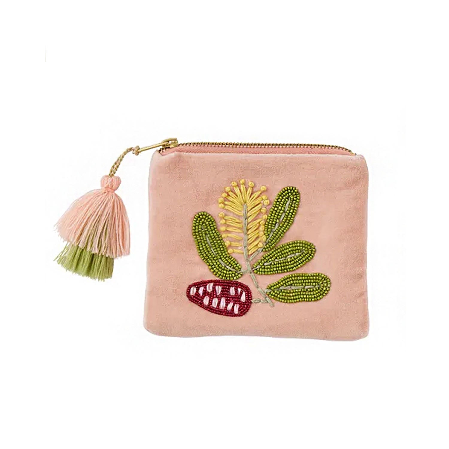Pouch Banksia Embroided Velvet 16x13cm Pink