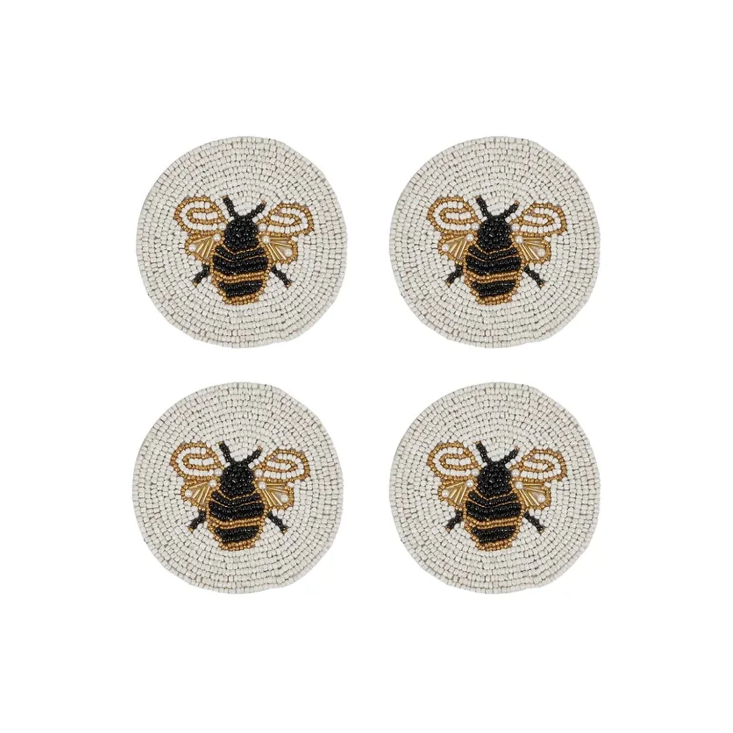 Coaster Bee S/4 Beaded 10cm Wht/Gold/Blk