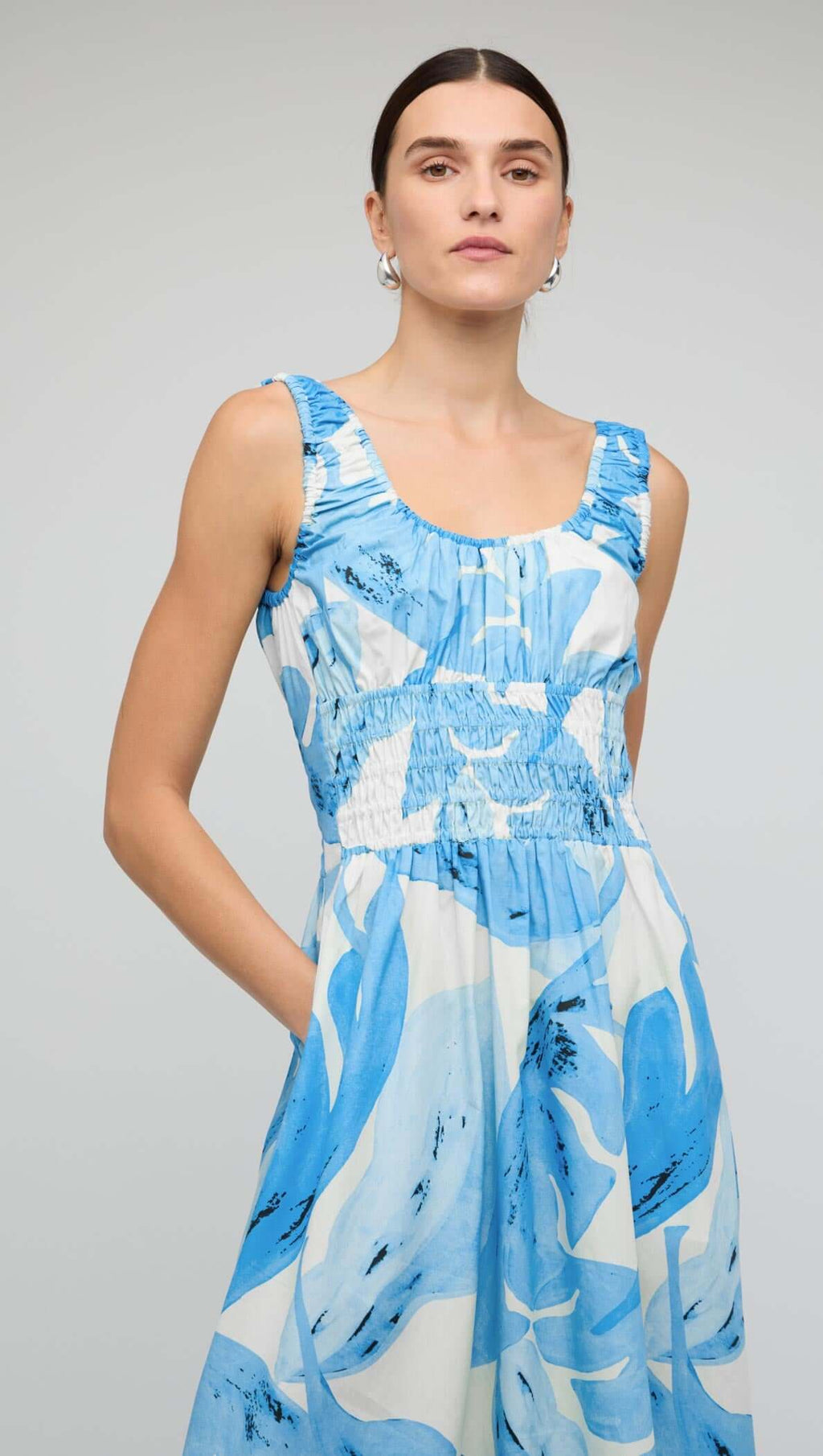 Dress Leilani Shirred Midi - Blue Leaf