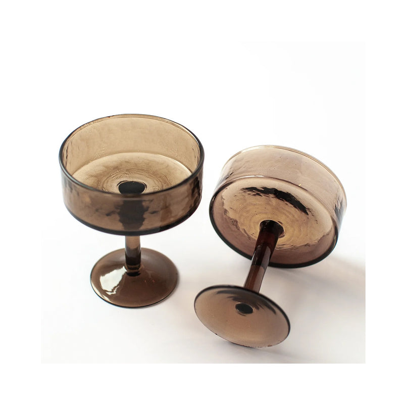 Coupe Glasses Handblown & Hammered Pair - Smoke