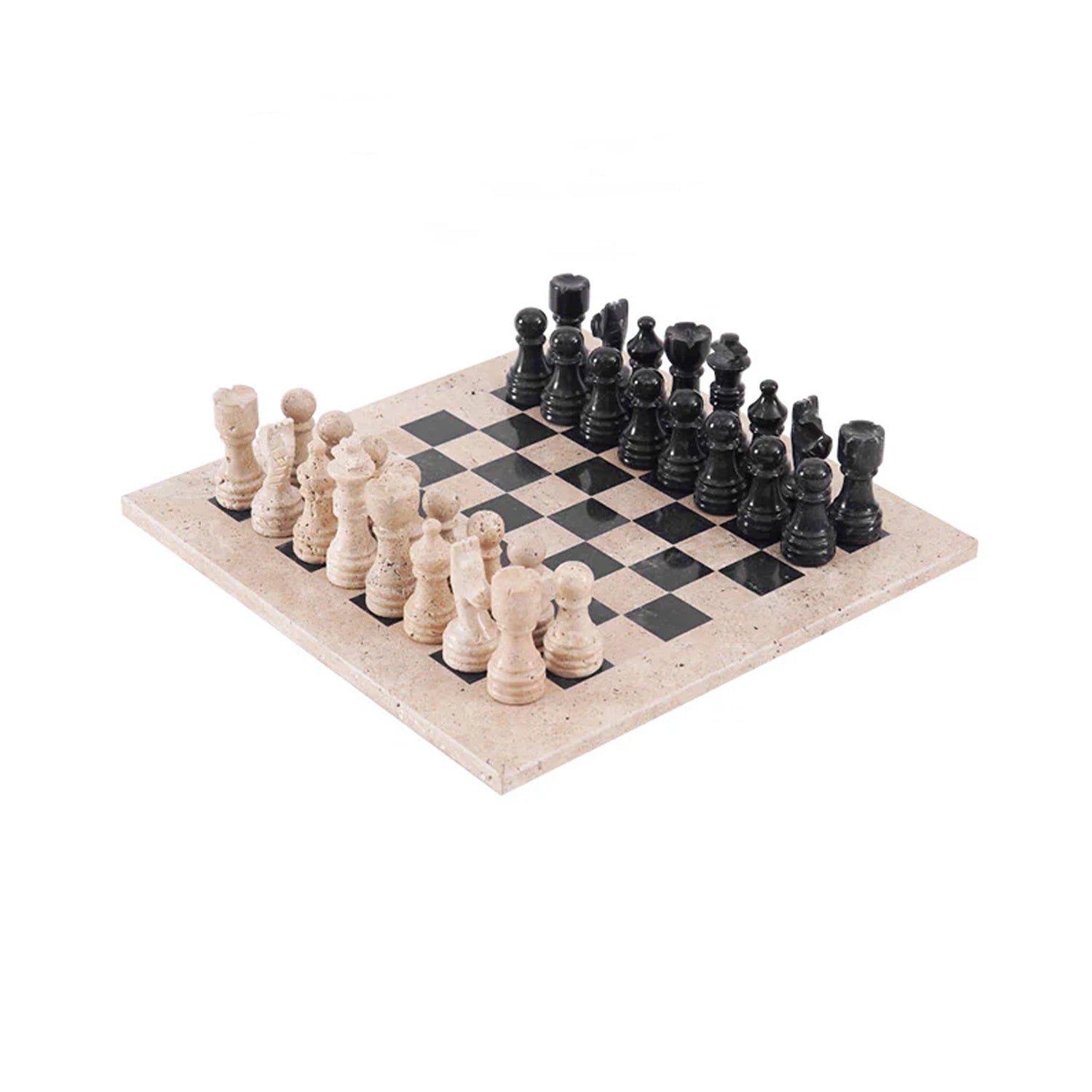 Chess Set Marble & Storage Box 30cm - Travertine & Black