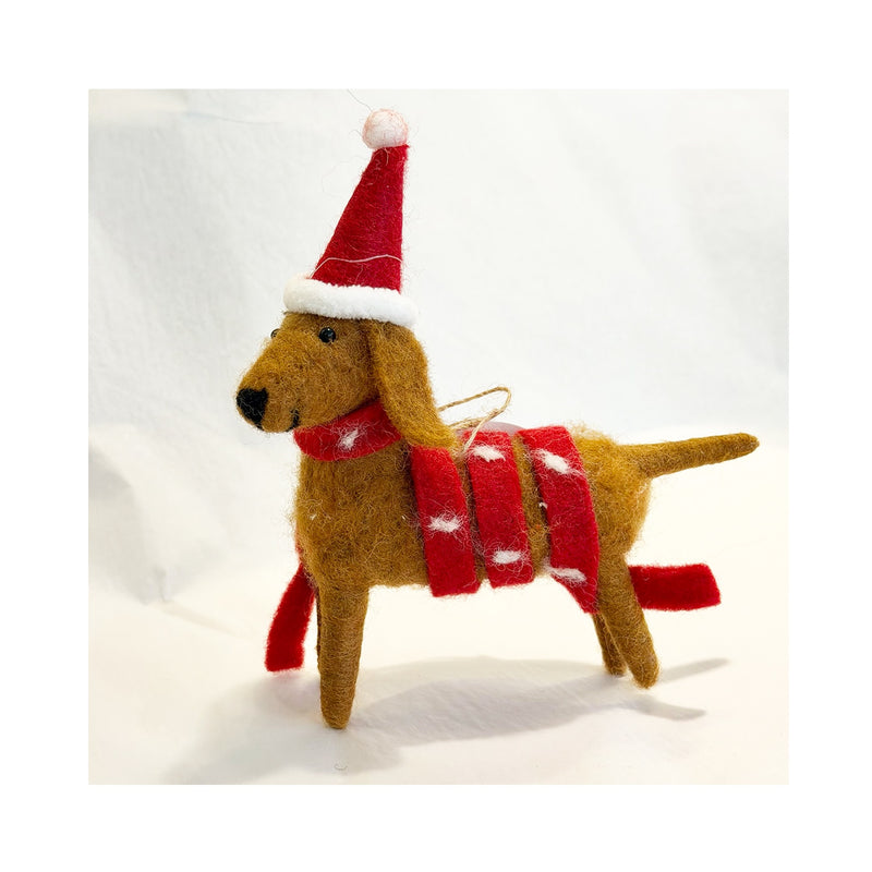 Dog W/Scarf Hanger Felt 13x14cm Brown