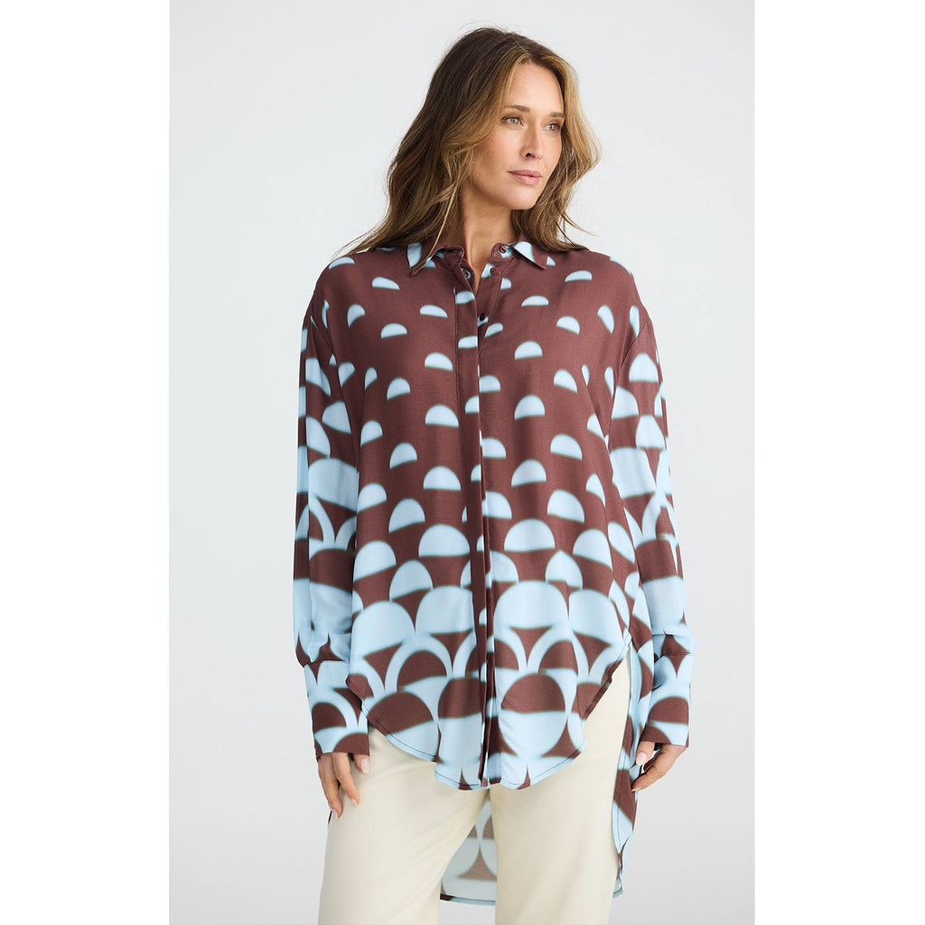 Top Henley Shirt - Blue Brown Geo