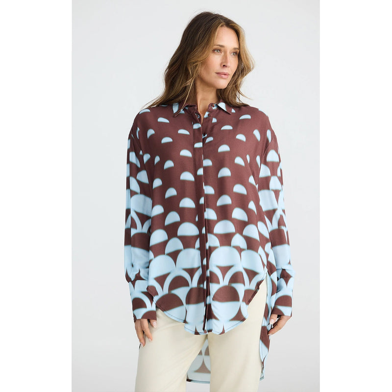 Top Henley Shirt - Blue Brown Geo