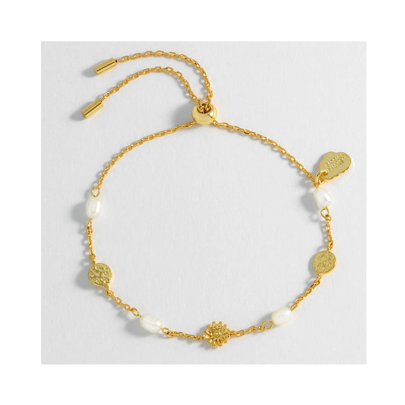 Bracelet Flower Pearl Hammered - Gold Plated