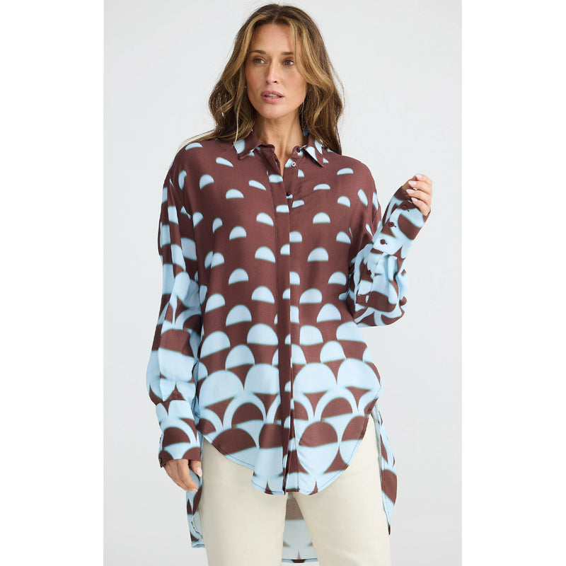 Top Henley Shirt - Blue Brown Geo