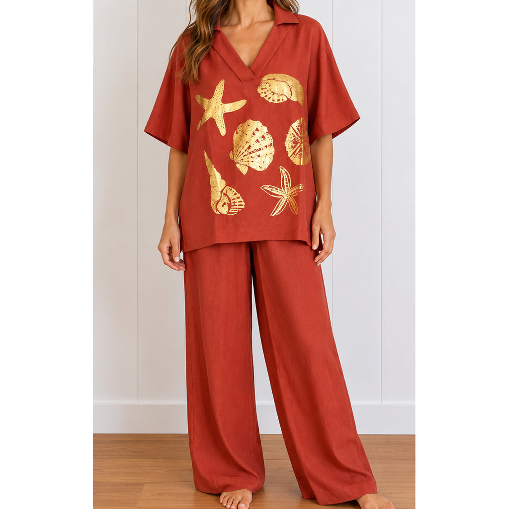 Top Seabreeze Foil Print - Terracotta w Gold Foil