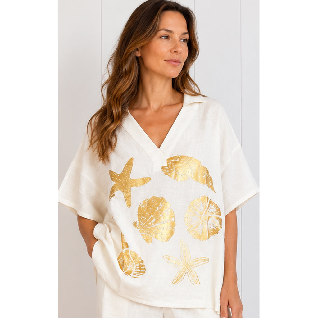 Top Seabreeze Foil Print - Off White w Gold Foil