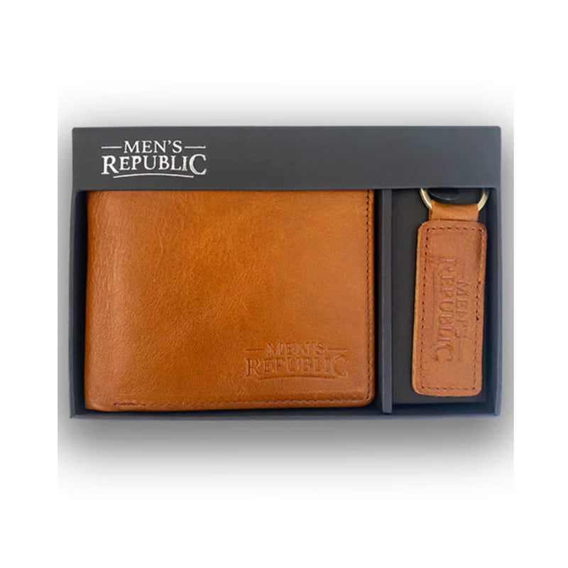 Leather Wallet & Keyring Set - Brown